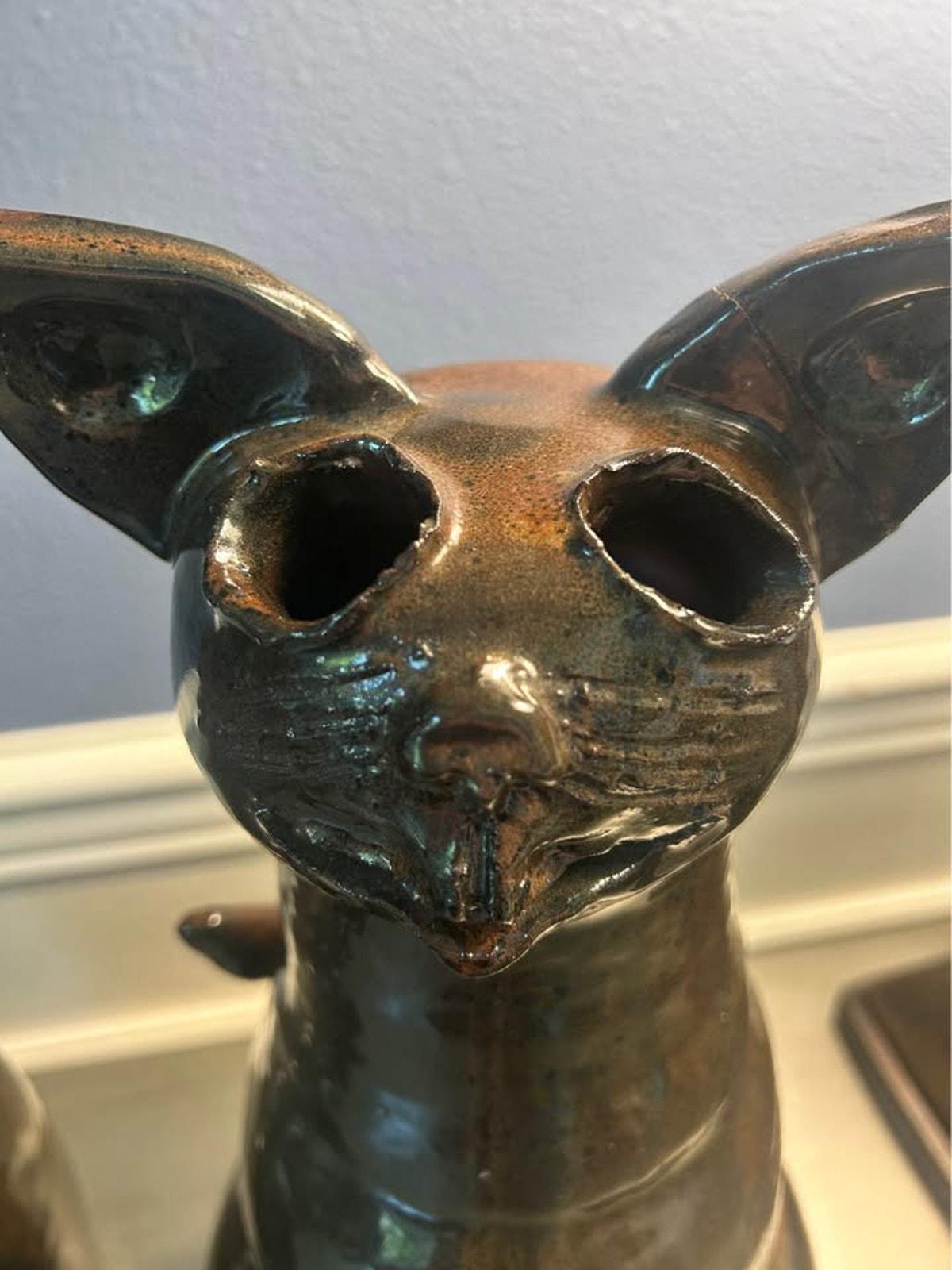 Gramsie Signed Studio Pottery Long Neck Cat Sculptures - Pair