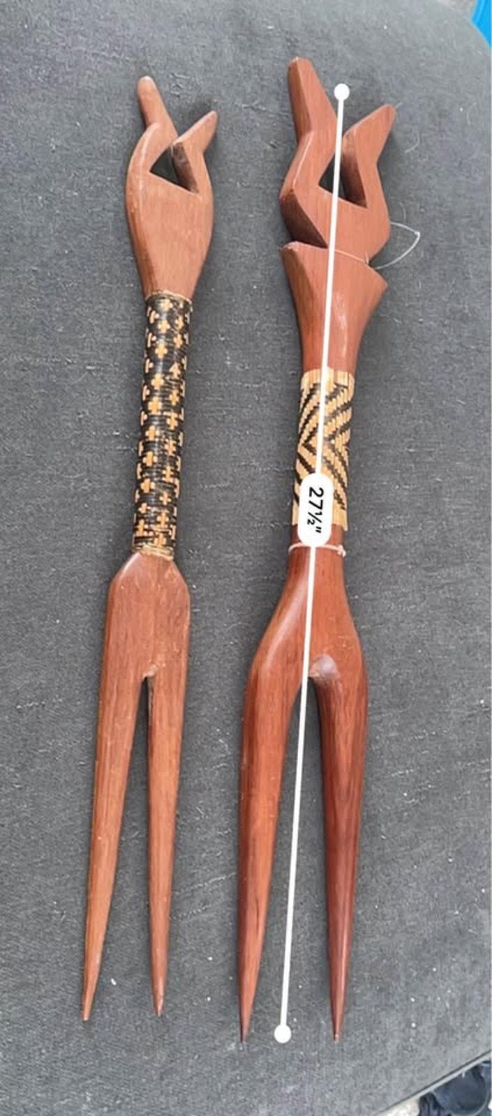Vintage Fijian Cannibal Forks – Vesi Wood & Magimagi Weaving, Tribal Art