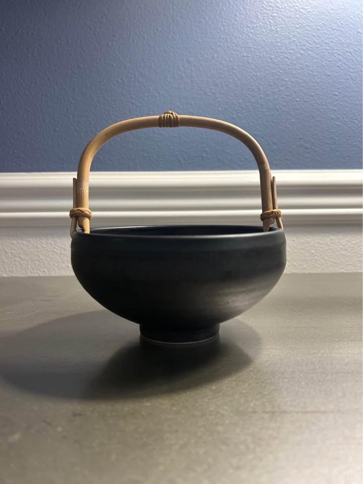 Mid Century Modern Stoneware Bowl – Matte Black Bamboo Handle, Wabi Sabi Decor