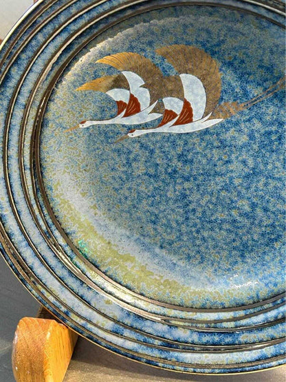 Vintage Japanese Blue Crane Plate – Gilded Flying Cranes, Gold Rim (8 Inch)