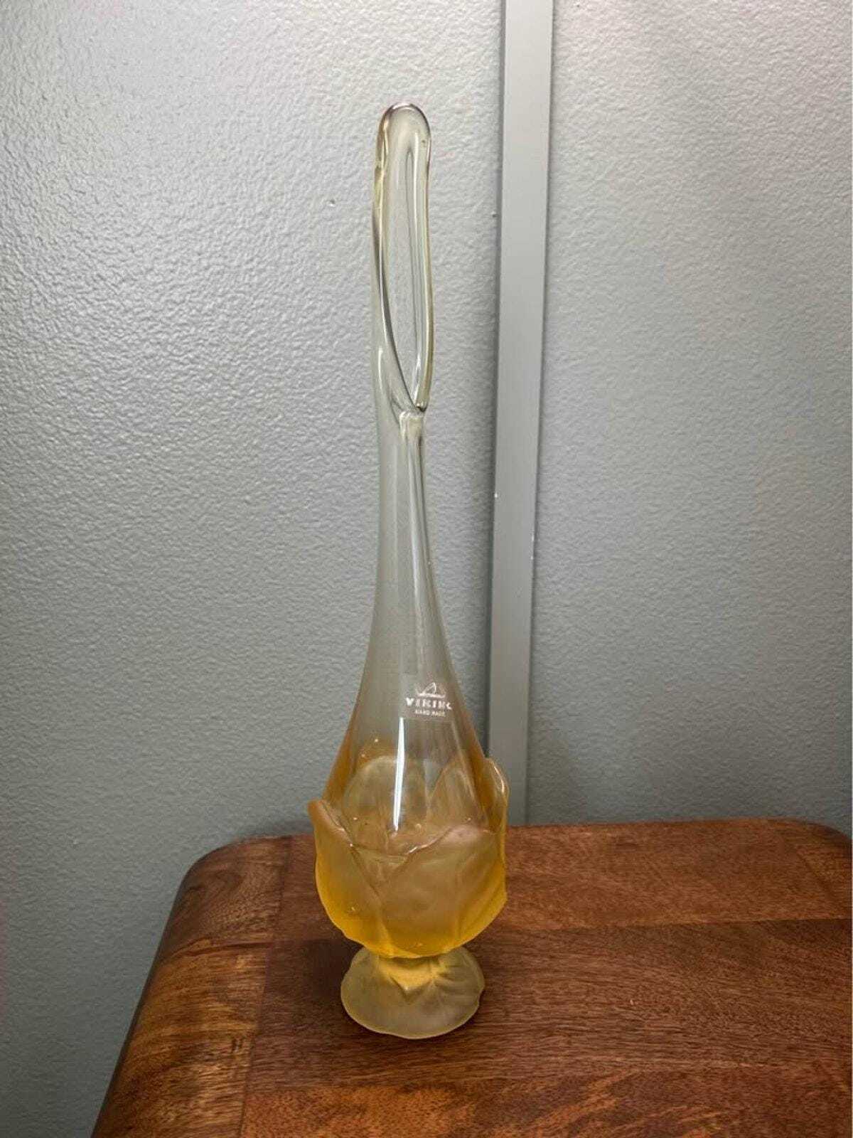 Viking Glass Amber Frosted Satin Lotus Bud Long Neck Swung Vase