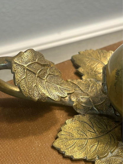 Antique Cast Brass Pomegranate Inkwell & Taper Candle Holder on Detailed Leaf Base