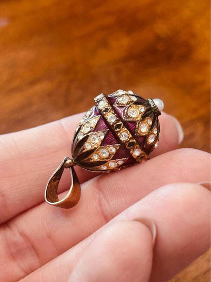 Vintage Fabergé Style Purple Enamel Egg Pendant with Rhinestone Accents