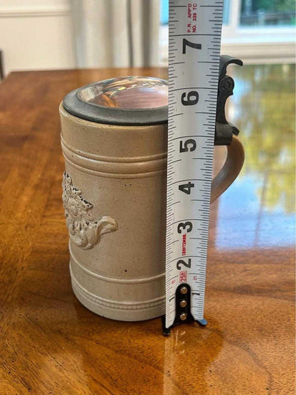 Antique German Stoneware Stein with Pewter Lid, Painted Marcobrunner Rheingau Vineyard Scene Insert