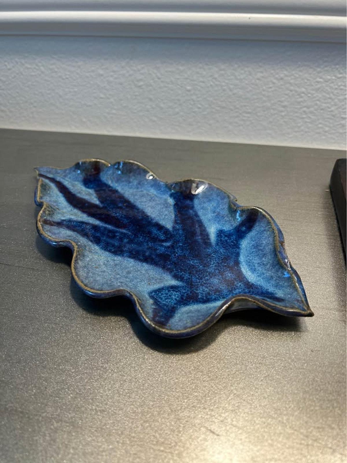 Sturbridge Pottery Blue Leaf Dish – Handcrafted Stoneware Trinket Tray