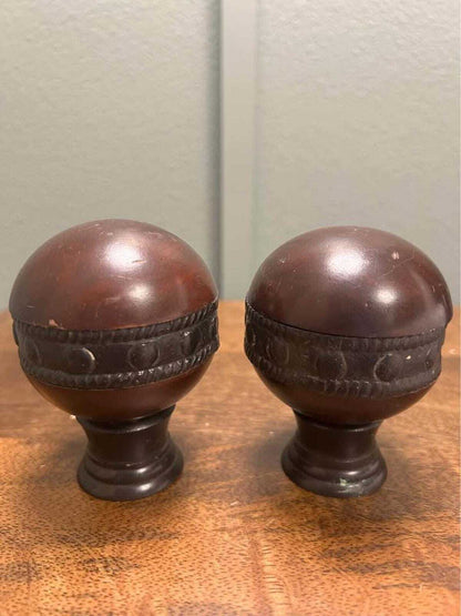 Vintage Mahogany Wood Sphere Finials – Carved Studded Detail, MCM Drapery Hardware