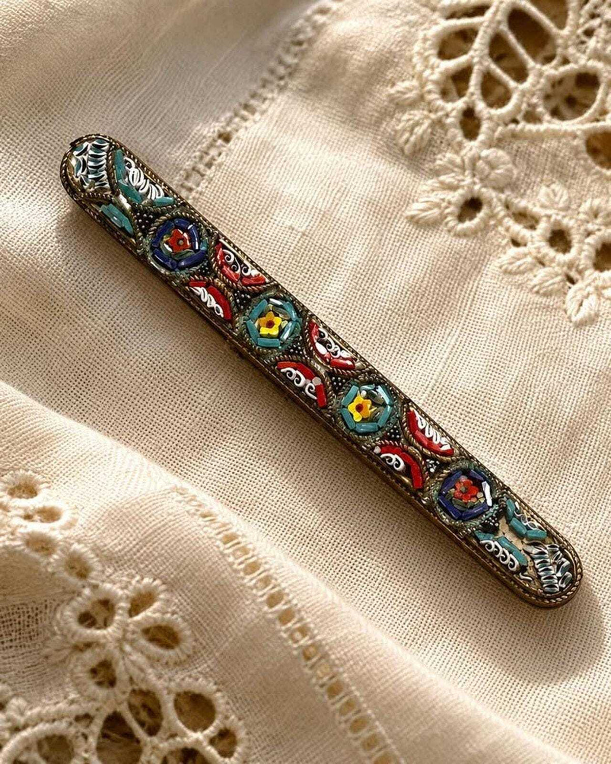 Vintage Italian Micro Mosaic Floral Bar Pin Brass Grand Tour Style Brooch