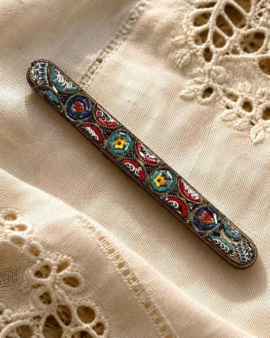Vintage Italian Micro Mosaic Floral Bar Pin Brass Grand Tour Style Brooch