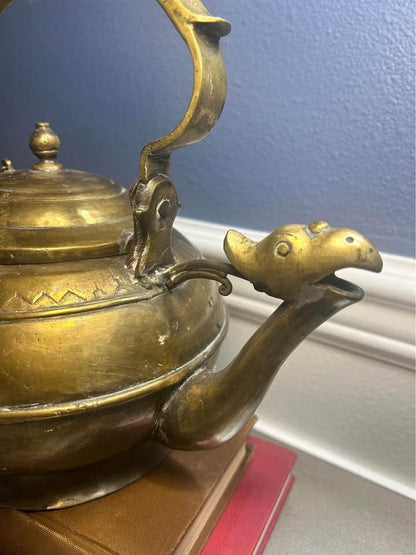 Antique Engraved Brass Teapot, Bird Head Spout, Sumatran Minangkabau Ceremonial Kettle