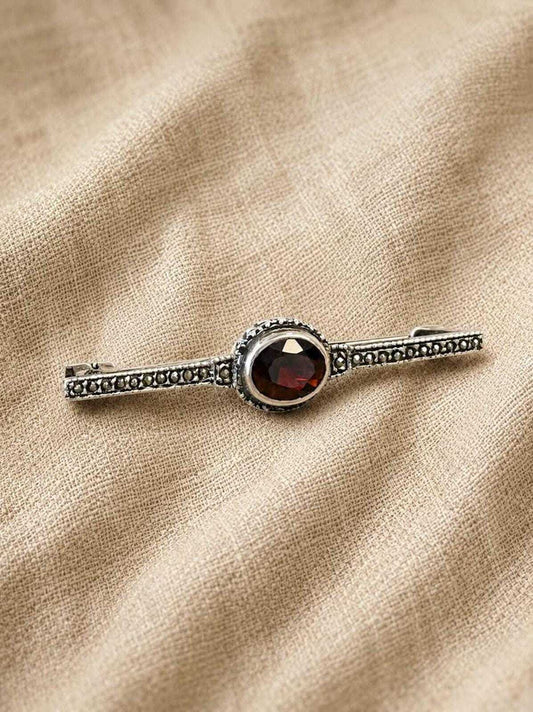 Vintage TH Sterling Silver Marcasite & Garnet Bar Brooch Art Deco Style