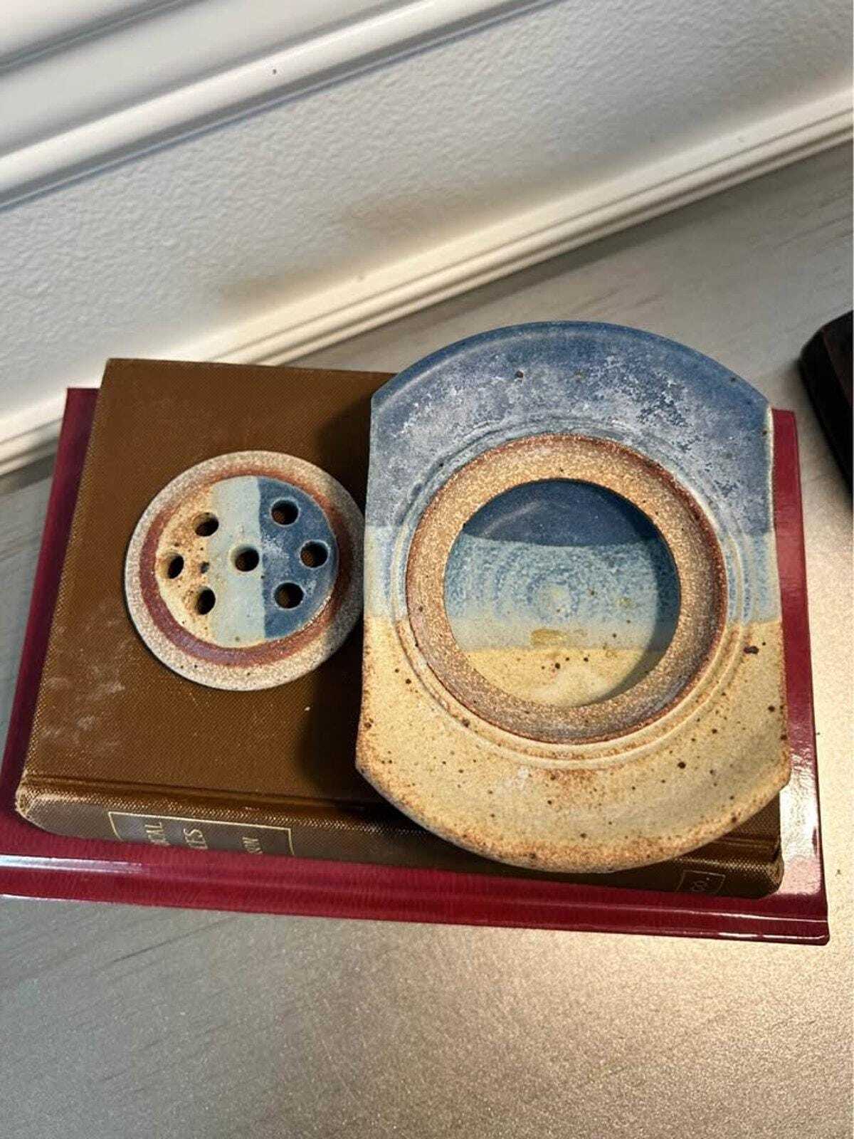Studio Pottery Two-Piece Ceramic Soap Dish - Blue and Sand Glaze