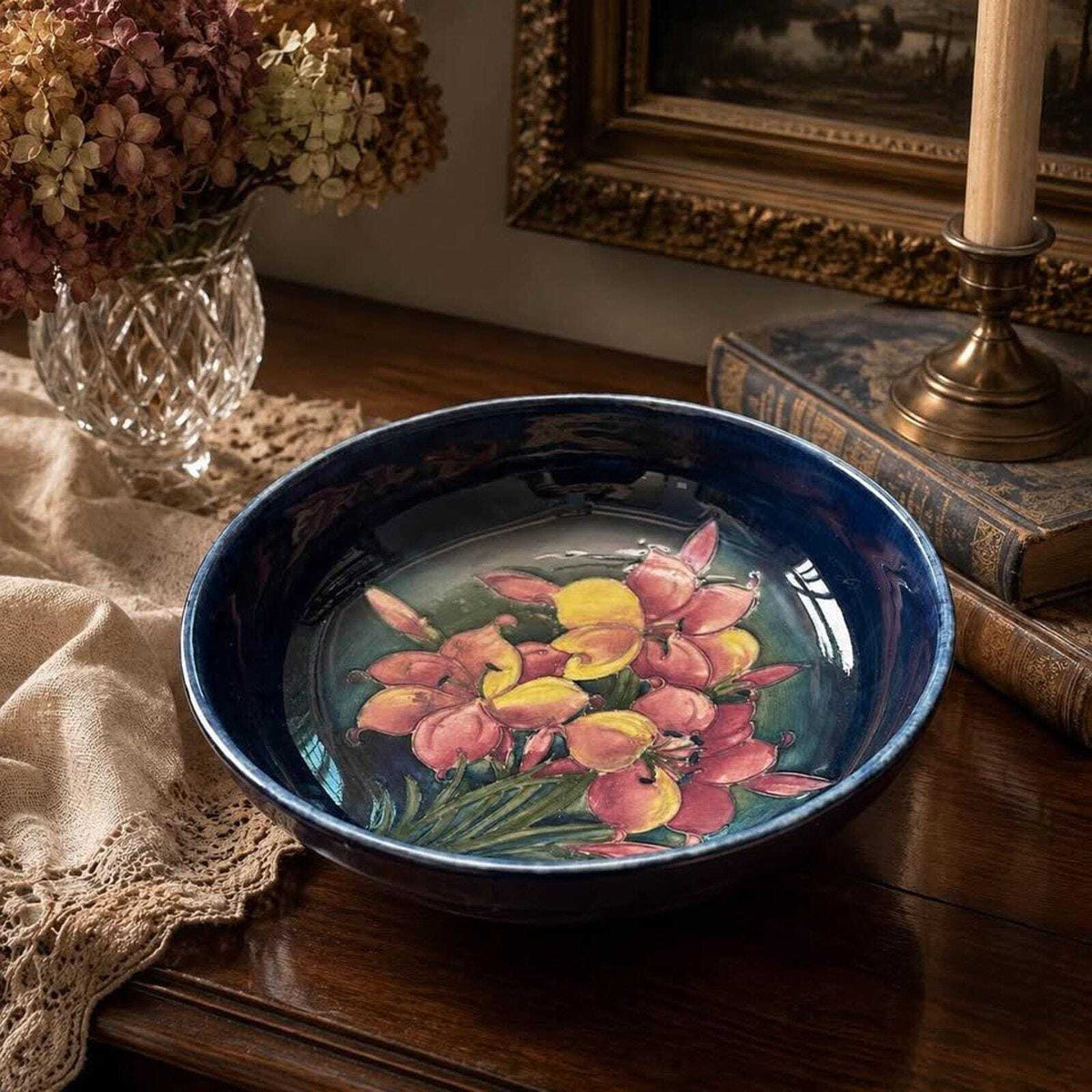 Vintage Walter Moorcroft Hibiscus Cobalt Blue Ceramic Art Pottery Bowl