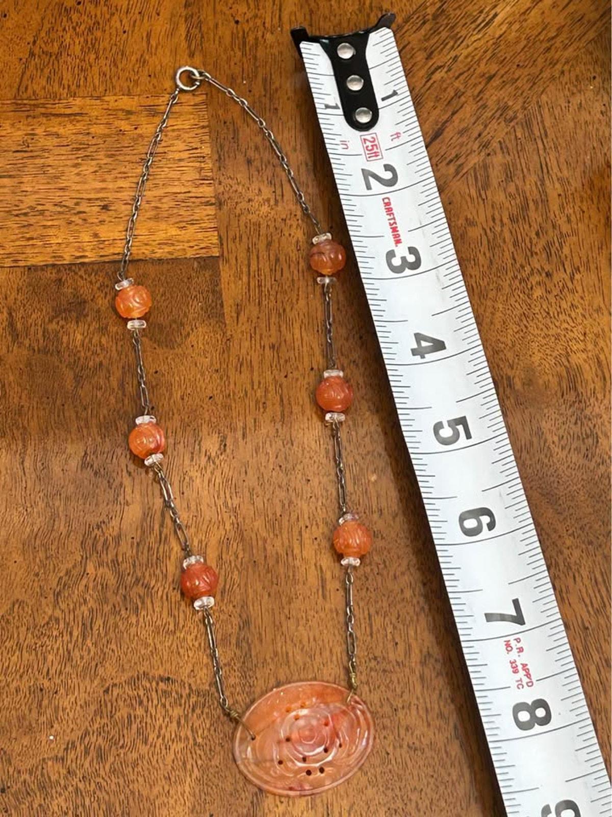 Antique Chinese Export Carved Carnelian Repurposed Button Pendant Sterling Silver Necklace