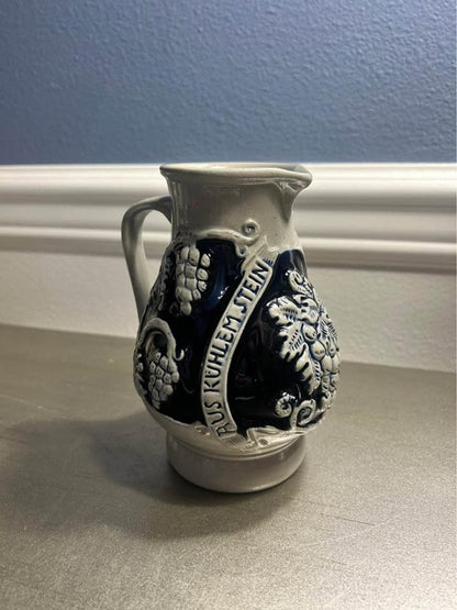 Vintage West German Cobalt Salt-Glazed Stoneware Wine Pitcher Pair