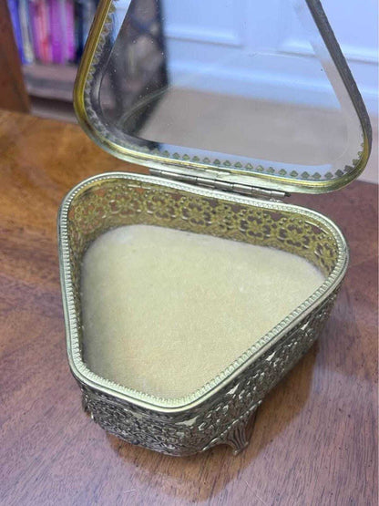 Vintage Hollywood Regency Ormolu Beveled Glass Trinket Box Floral Vanity Casket