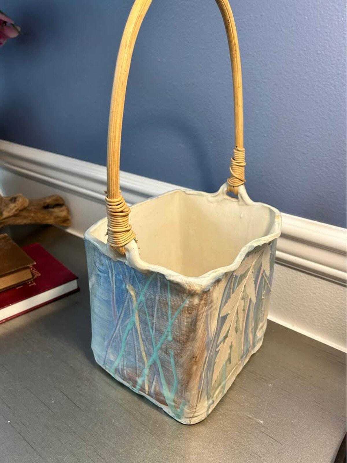 Hannegan Studio Art Pottery Square Basket with Bentwood Handle