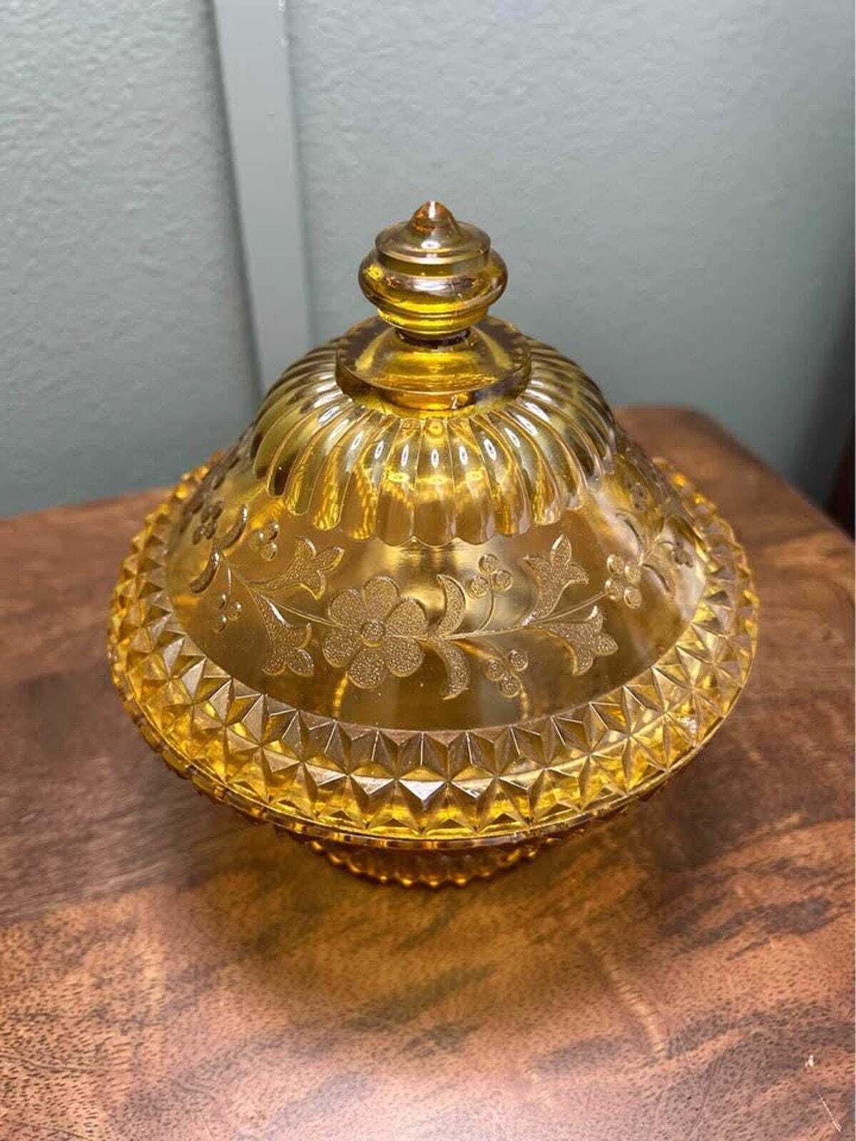 Adams Wildflower Pattern Amber Glass Pitcher and Covered Sweetmeat Set