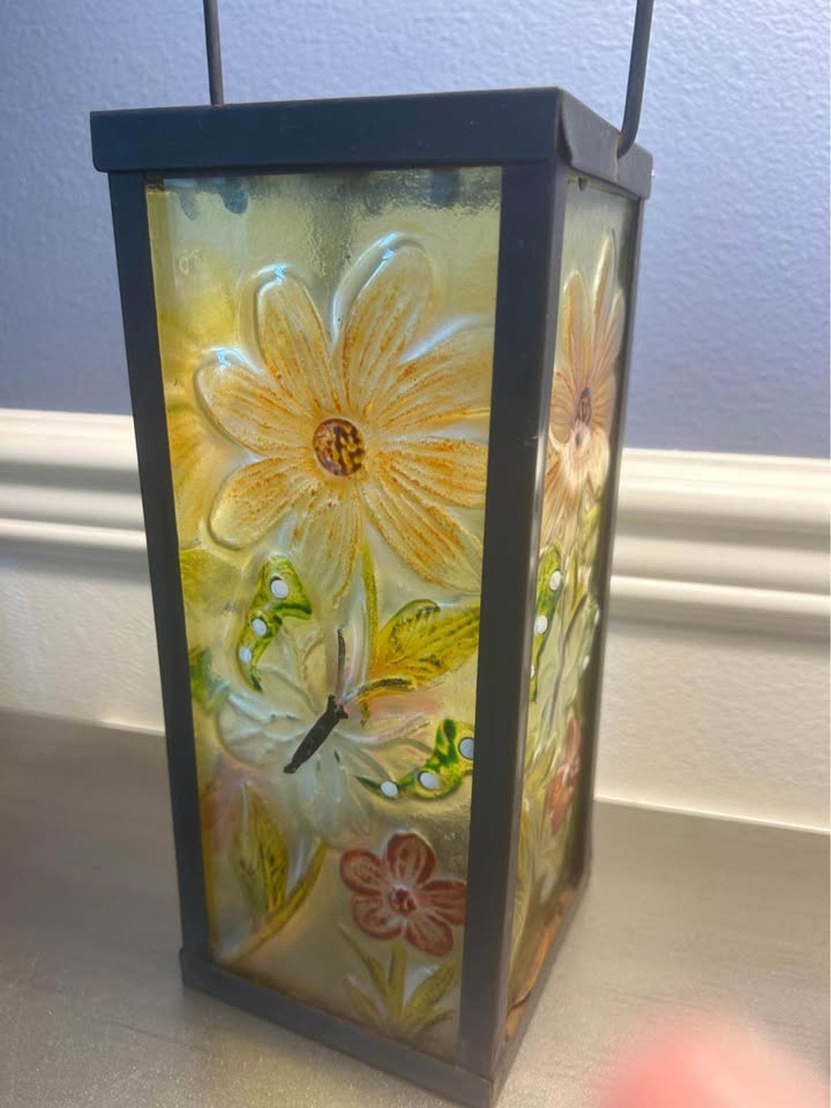 Hand-Painted Floral Textured Glass Lantern with Metal Frame