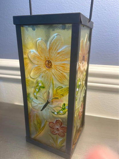 Hand-Painted Floral Textured Glass Lantern with Metal Frame