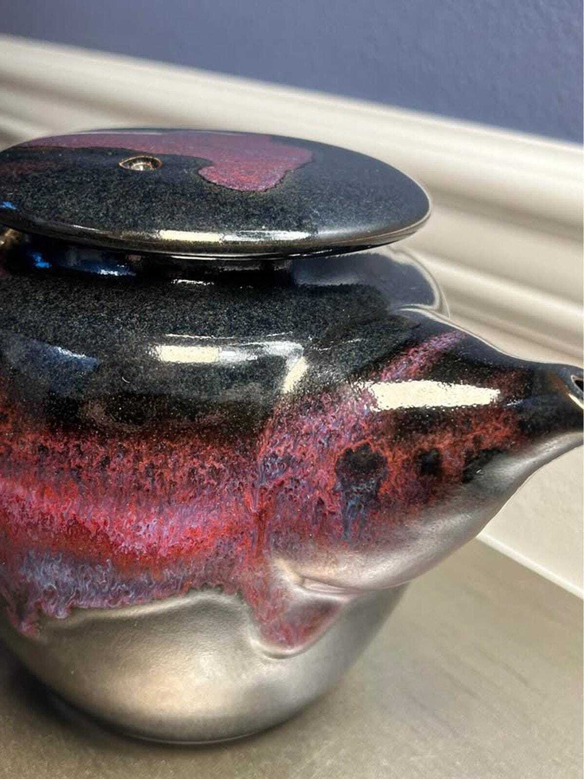 Larry Bruning Signed Porcelain Teapot | Leopard Black with Lilac & Cranberry Accents | Mid-90s Studio Work