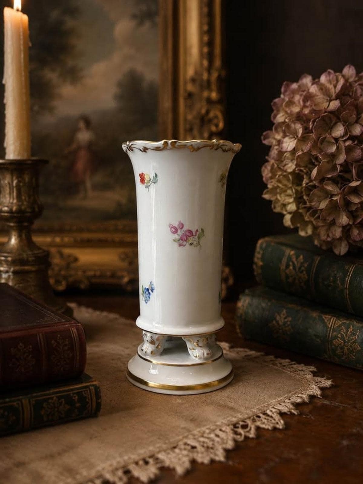 Antique Meissen Porcelain Footed Vase Deutsche Blumen Floral Gilt