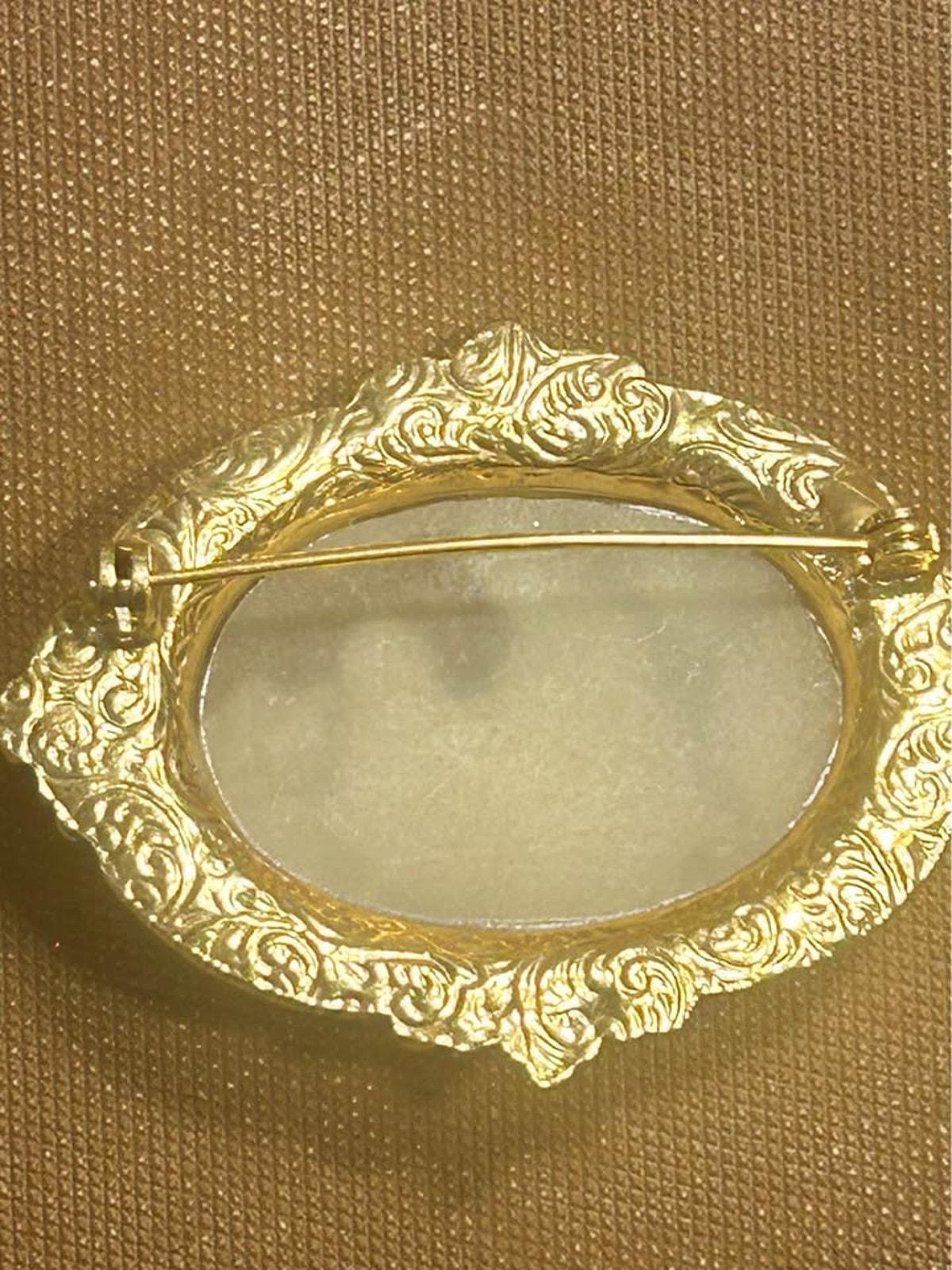 Vintage Victorian Revival Mother and Child Cameo Brooch Frosted Molded Inset Gold-Tone Frame