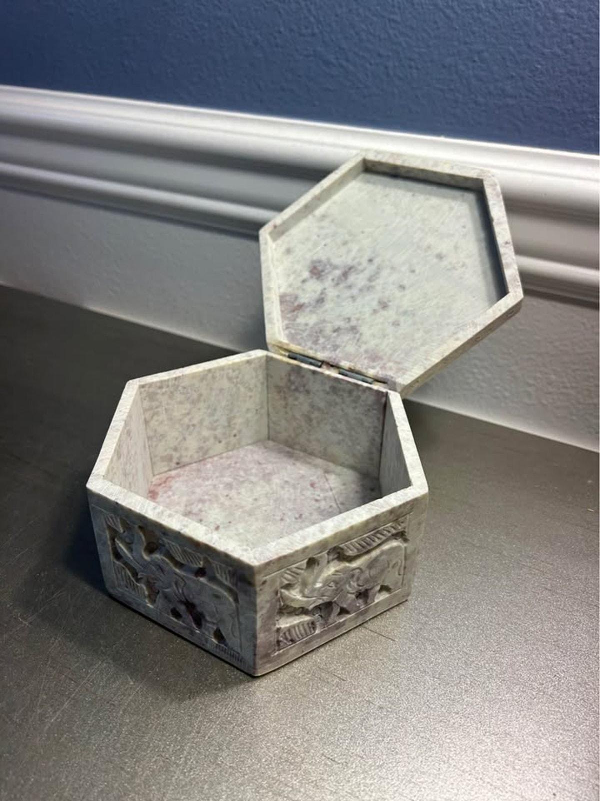 Hand-Carved Soapstone Hexagonal Box with Elephant Relief