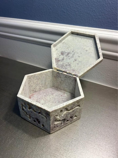 Hand-Carved Soapstone Hexagonal Box with Elephant Relief