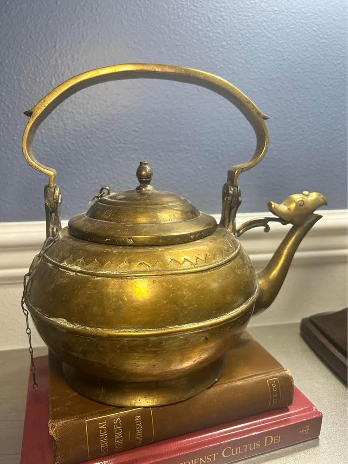 Antique Engraved Brass Teapot, Bird Head Spout, Sumatran Minangkabau Ceremonial Kettle
