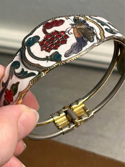 Vintage Chinese Cloisonné Jewelry Set | White Floral Butterfly Bangle, Pendant & Earrings