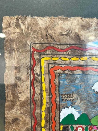 Vintage Mexican Amate Bark Painting – Nahua Folk Art Wedding Scene