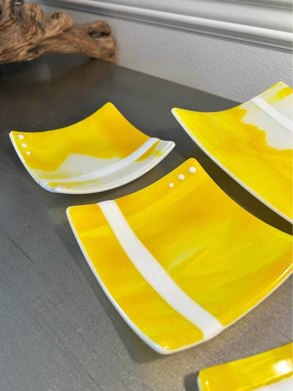 Red Stone Glass Yellow & White Fused Glass Platter and Appetizer Set (5 Pieces)
