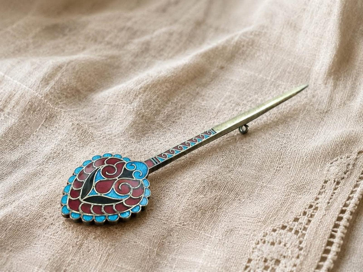 Antique J. Tostrup Sterling Silver Enamel Shawl Pin, Viking Revival Stick Brooch