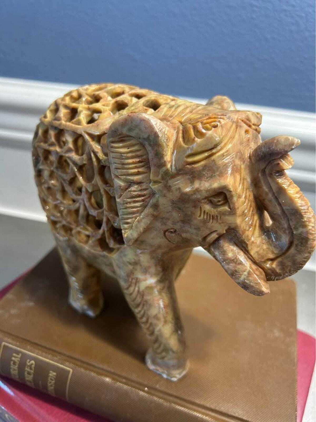 Vintage Hand-Carved Jali Soapstone Elephant Sculpture with Inner Baby Elephant