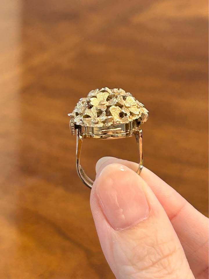 Vintage Sheffield Floral Dome Ring Watch Swiss Made Hidden Timepiece
