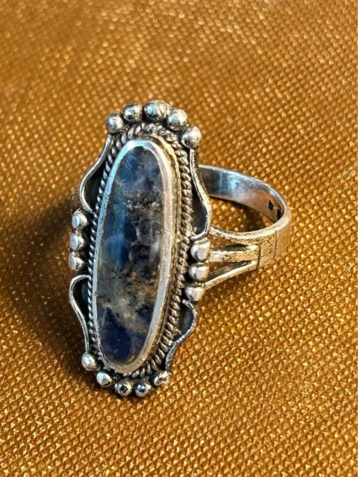 Vintage Sodalite 925 Sterling Silver Elongated Statement Ring Size 8