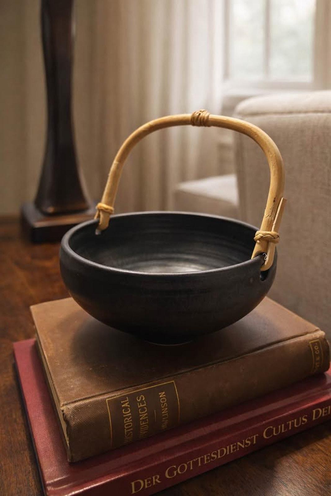 Mid Century Modern Stoneware Bowl – Matte Black Bamboo Handle, Wabi Sabi Decor