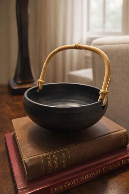 Mid Century Modern Stoneware Bowl – Matte Black Bamboo Handle, Wabi Sabi Decor