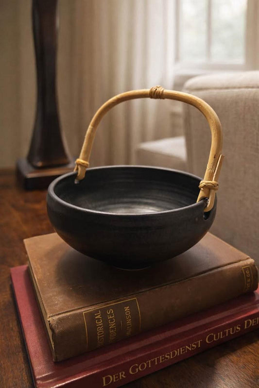 Mid Century Modern Stoneware Bowl – Matte Black Bamboo Handle, Wabi Sabi Decor