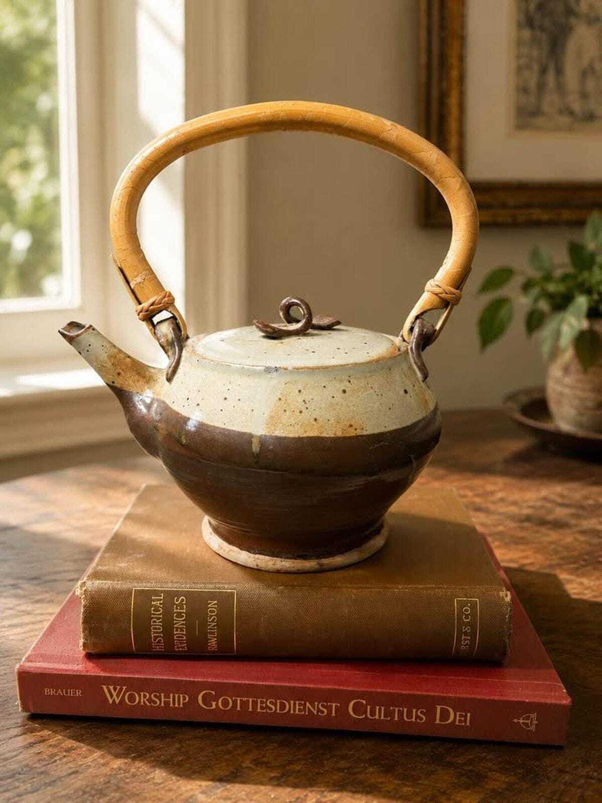Vintage Connie Dubois Studio Pottery Teapot | Two-Tone Stoneware with Bamboo Handle | Signed 2001