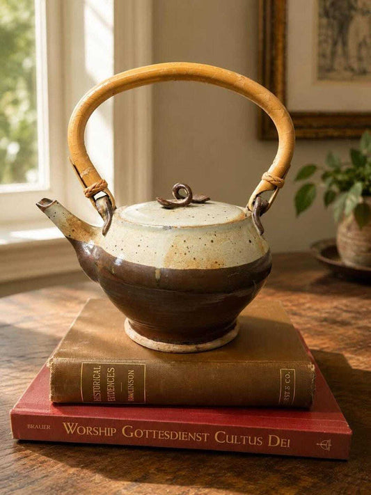Vintage Connie Dubois Studio Pottery Teapot | Two-Tone Stoneware with Bamboo Handle | Signed 2001