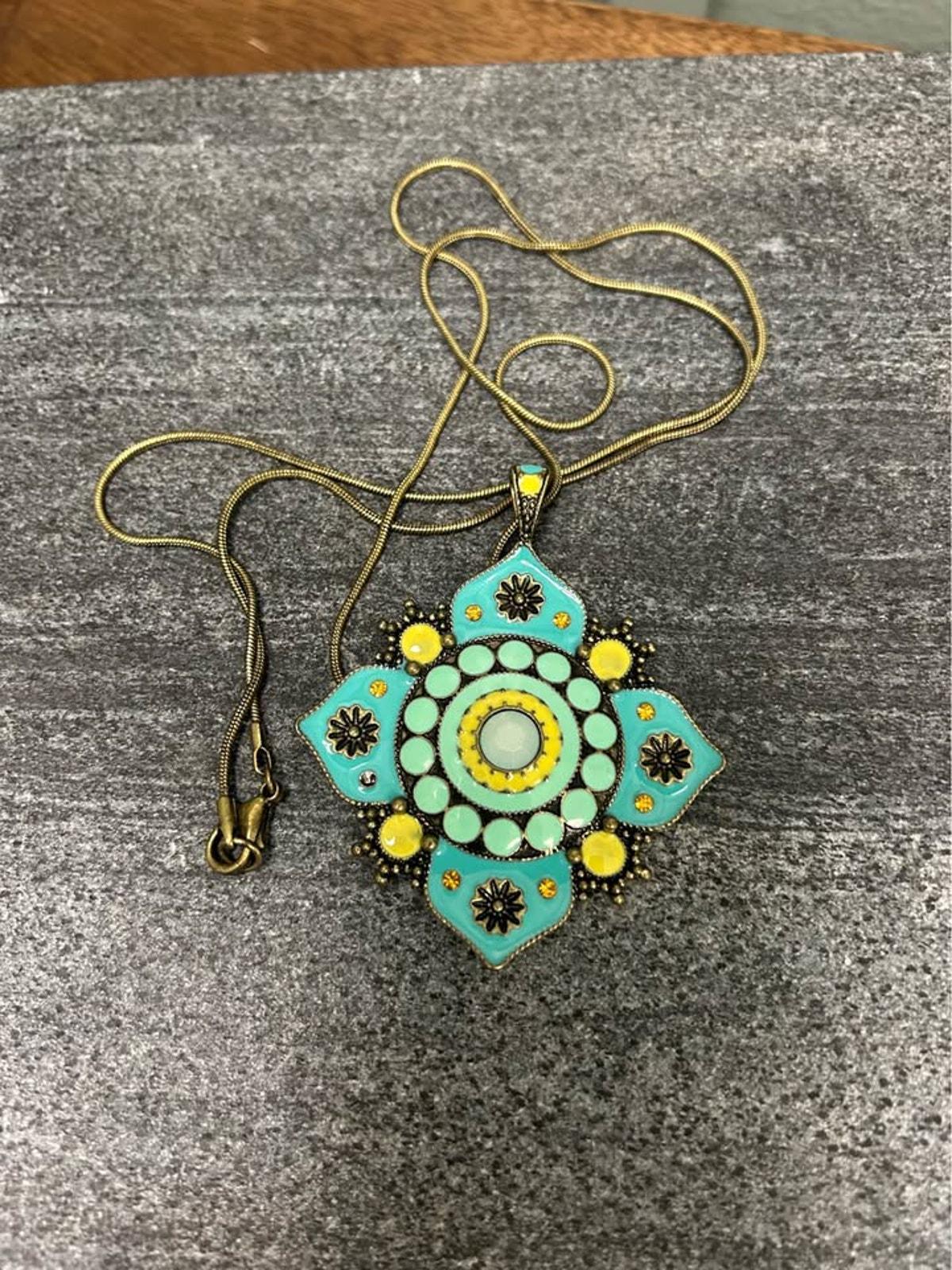 Vintage Brass Turquoise & Yellow Enamel Mandala Pendant Necklace