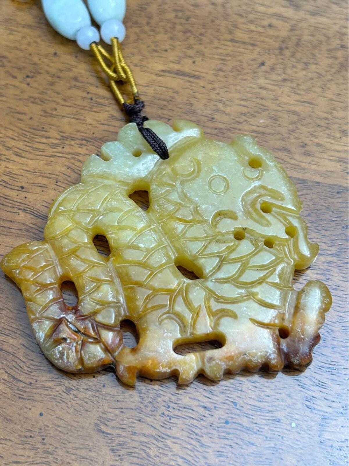 Vintage Carved Yellow and Russet Jadeite Dragon Fish Pendant Necklace