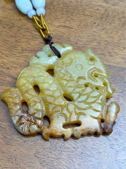 Vintage Carved Yellow and Russet Jadeite Dragon Fish Pendant Necklace
