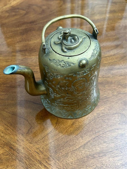 Vintage Engraved Asian Brass Teapot with Taoist Immortal and Xuanwu Tortoise Finial