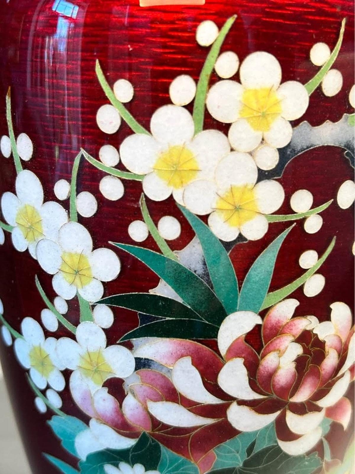 Ando Cloisonne Co. Red Akasuke Floral Vase | 9.5" Japanese Enamel