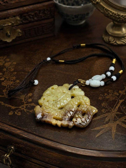 Vintage Carved Yellow and Russet Jadeite Dragon Fish Pendant Necklace