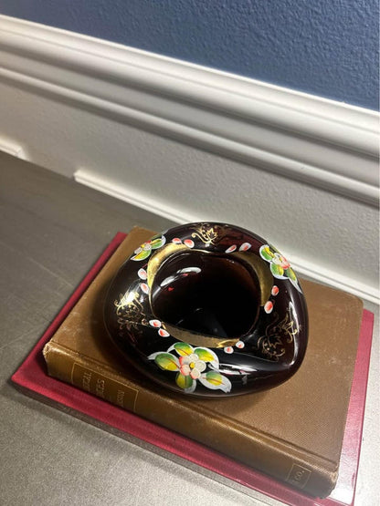 Vintage Bohemian Amethyst Enameled Art Glass Trifold Ashtray Bowl