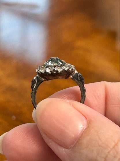 Art Deco Sterling Silver Aquamarine Glass Paste Cluster Ring - size 5