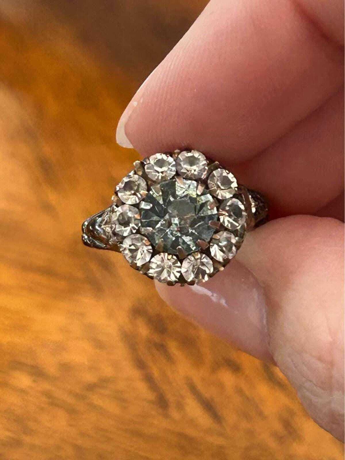 Art Deco Sterling Silver Aquamarine Glass Paste Cluster Ring - size 5